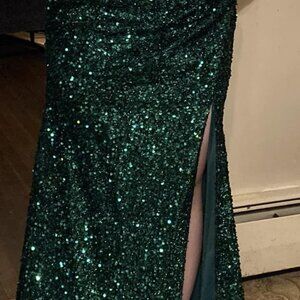 GREEN SEQUIN PROM DRESS w/ LEG SLIT + CORSET TOP